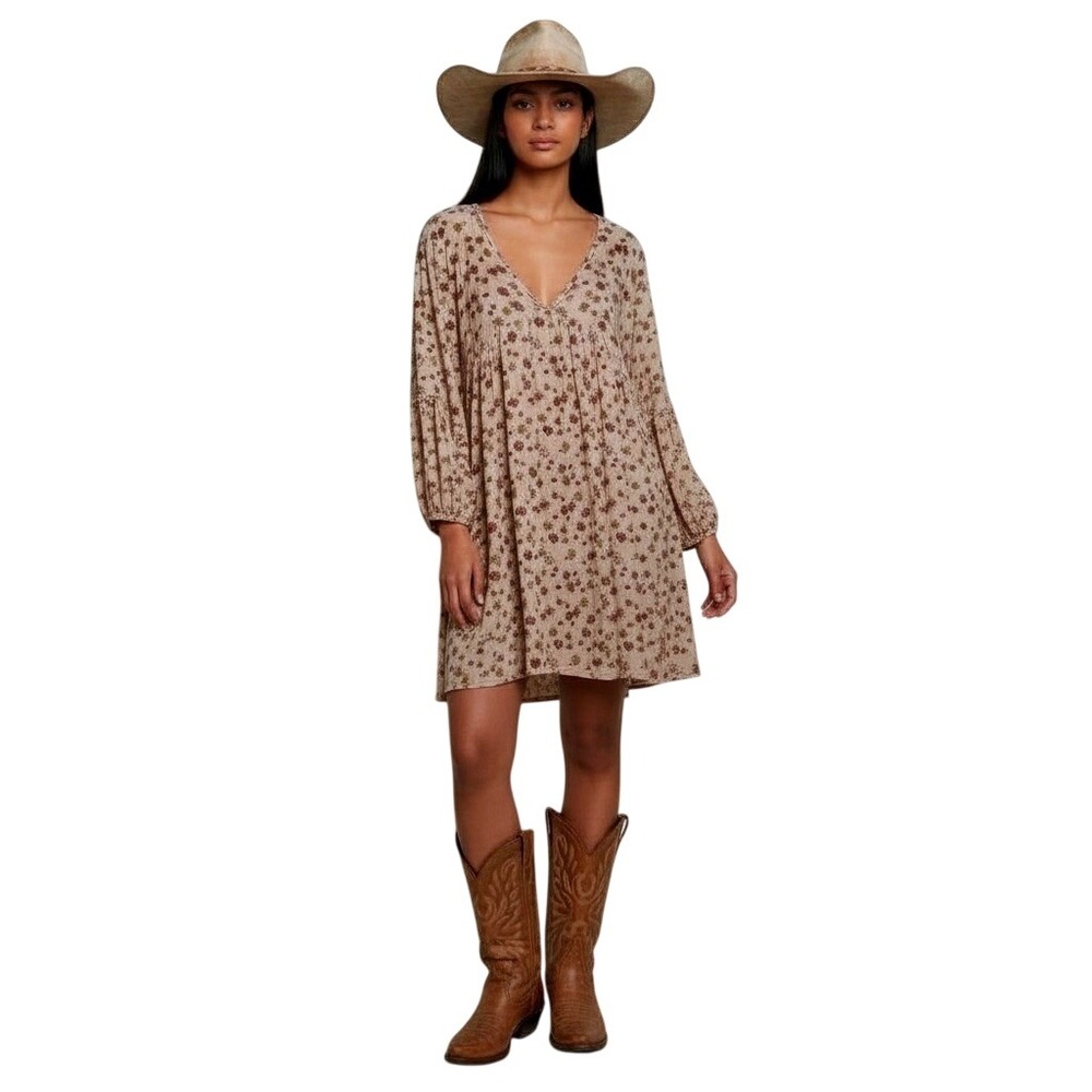 Peach Love Floral Bell Sleeve V Neck Mini Dress Boho Cottagecore Large